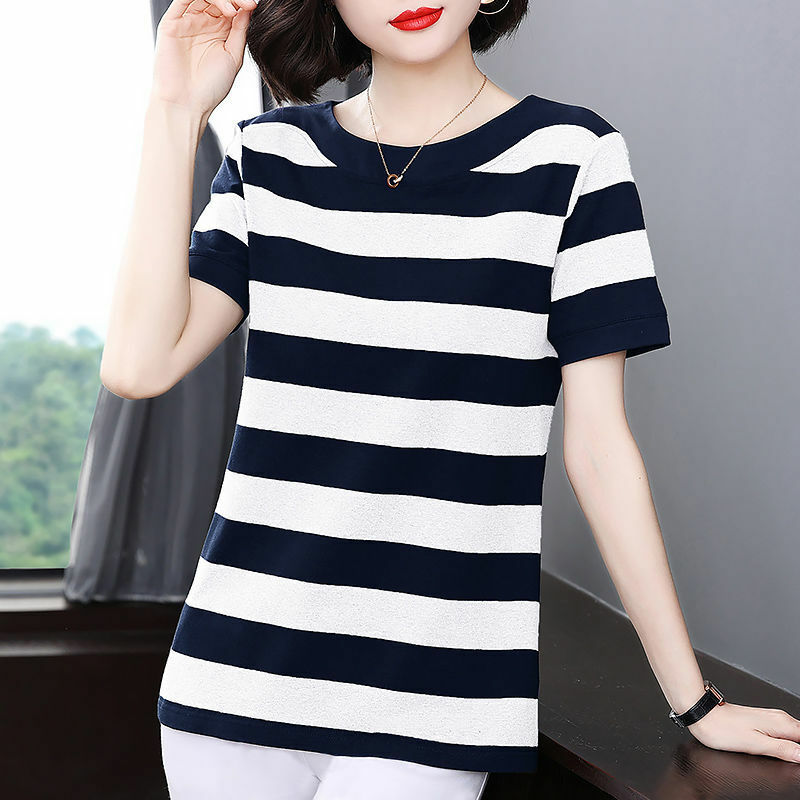 Street Casual Striped T Shirts Summer New O-neck Short Sleeve Plus Size Contrast Youth Tops Tees Vintage Fashion Women Clothing
