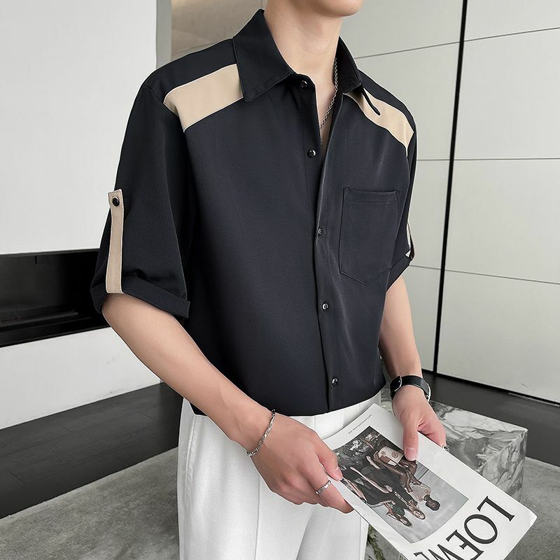 Рубашка мужская с отложным воротником, модная повседневная универсальная блузка в стиле High Street, на пуговицах, с рукавом до локтя, контрастных цветов, Y2K, лето