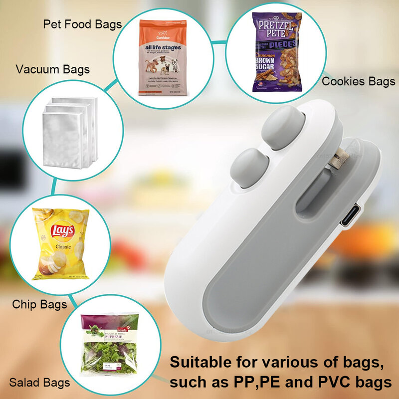 Mini Bag Sealer Usb Heatseal Recharger Plastic Verpakking Slealer Voor Voedsel 2 In 1 Thermische Sealer Plastic Zak Kit Draagbare