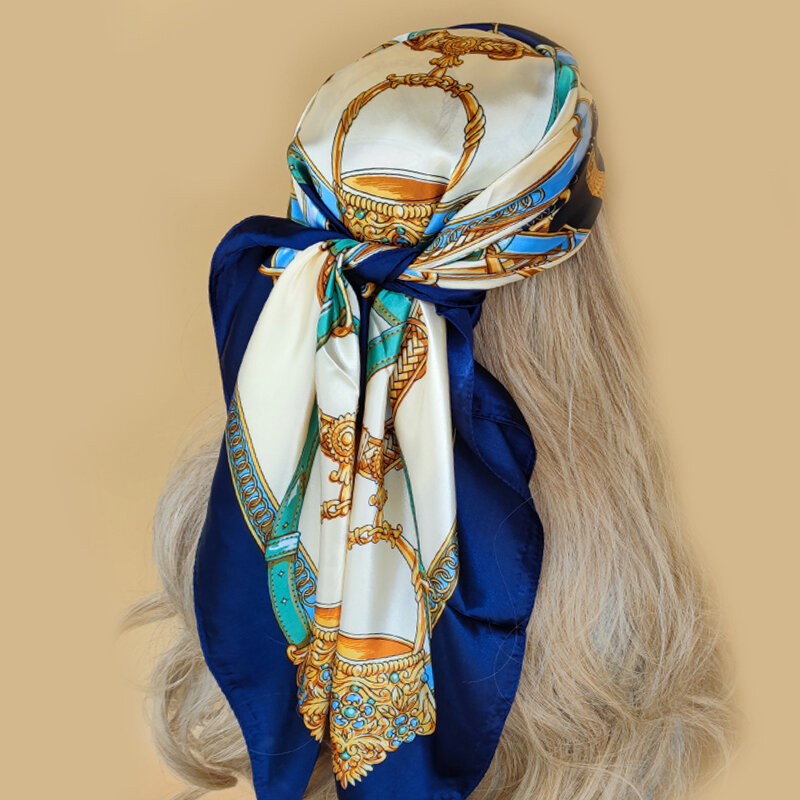 Neue Mode Seide quadratischen Schal für Frauen 90*90cm Hals Haar gummi Band Tasche Warp weichen Halstuch Hijab Kopftuch weiblichen Foulard