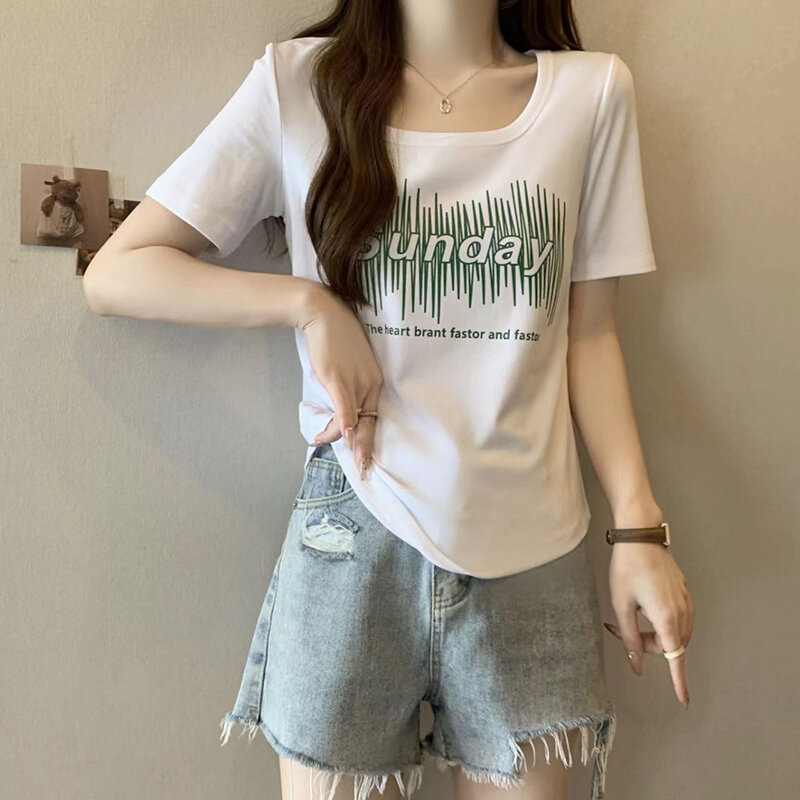 Moda colletto quadrato stampato lettera manica corta t-Shirt abbigliamento femminile 2024 estate nuovi top coreani allentati maglietta Casual