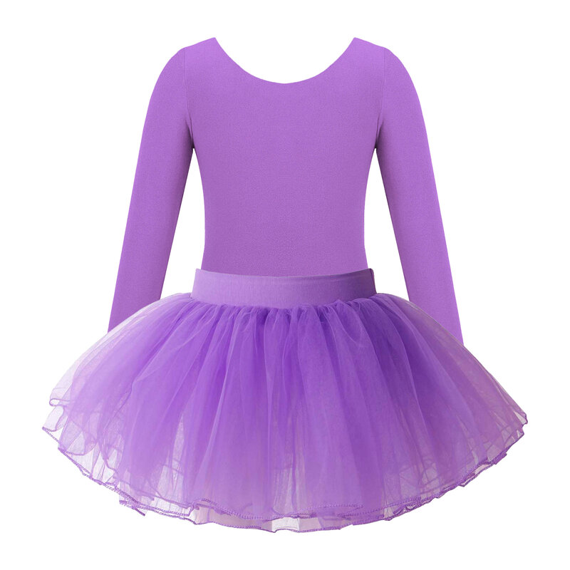 Girls Ballet Dance Leotards Long Sleeve Solid Color Leotard+Tulle Tutu Skirt Outfit Kids Gymnastics Workout Performance Bodysuit