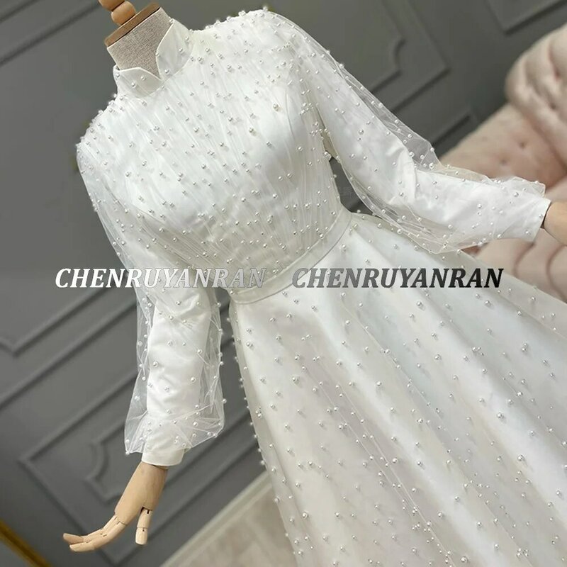 여성용 시크 무슬림 웨딩 드레스, 2022 진주, 긴 소매 웨딩 가운, 뒤를 덮는 우아한 신부 드레스