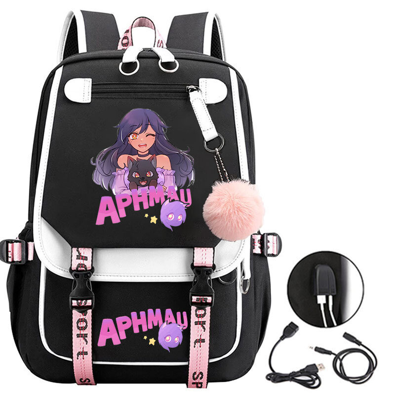 Aphmau ransel motif pengisi daya Usb, tas sekolah untuk remaja perempuan, tas Laptop, tas buku kartun anak-anak, ransel siswa