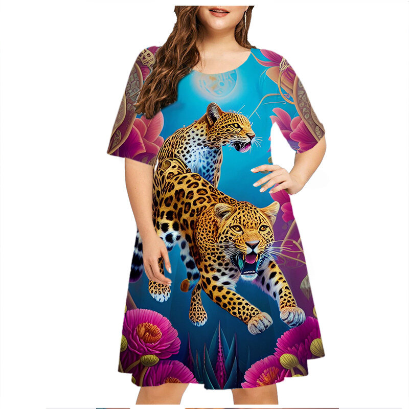 Mini vestido feminino com estampa de tigre, tamanho grande, casual, manga curta, decote em O, roupa solta, moda, vestido grande estampado em 3D, verão