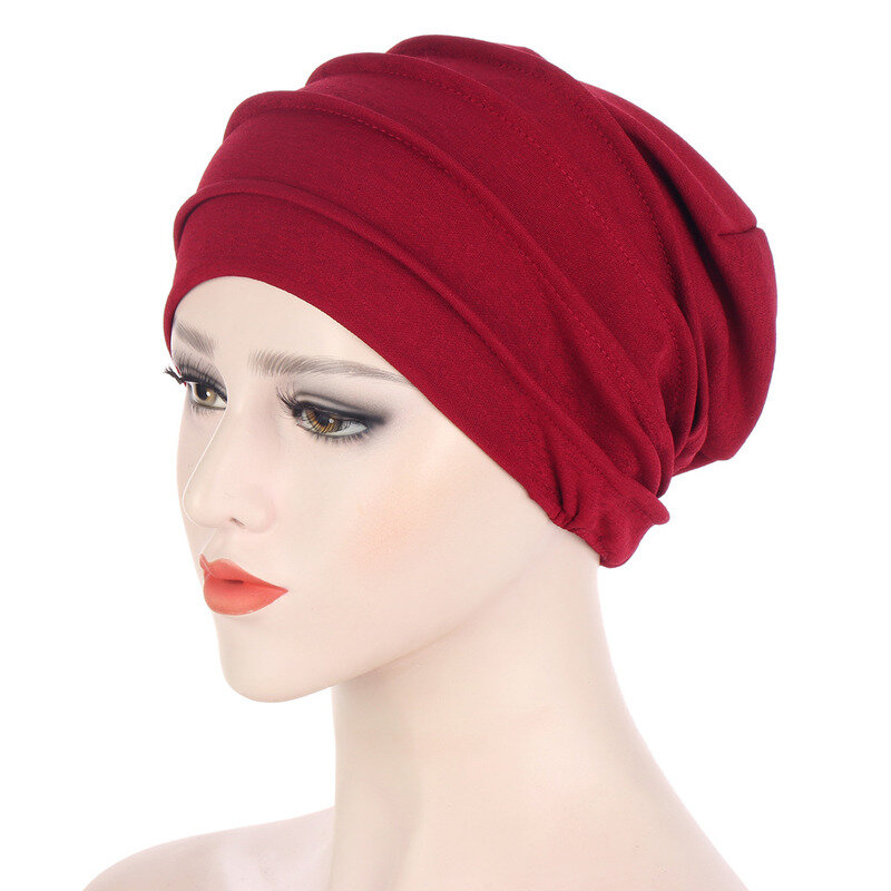 Cappello inferiore Ramadan cappelli musulmani solidi berretti pieghettati da donna berretto chemio Pullover in maglia di cotone morbido berretto sciarpa Caps accessori