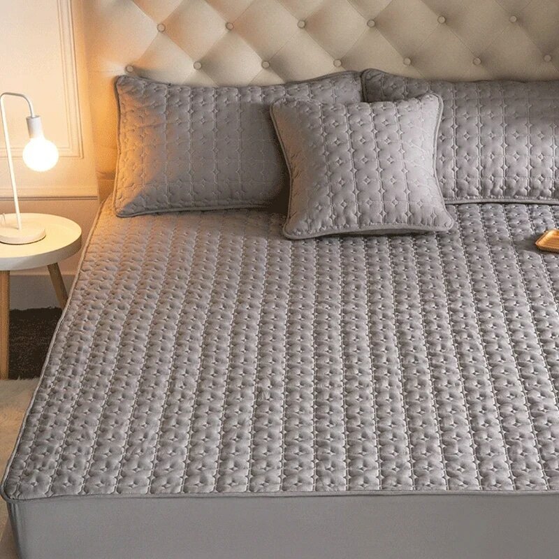 Capa de cama de algodao de cor sólida capa de cama engrossada nao deslizamento capa de colchao estofando capas de colchao