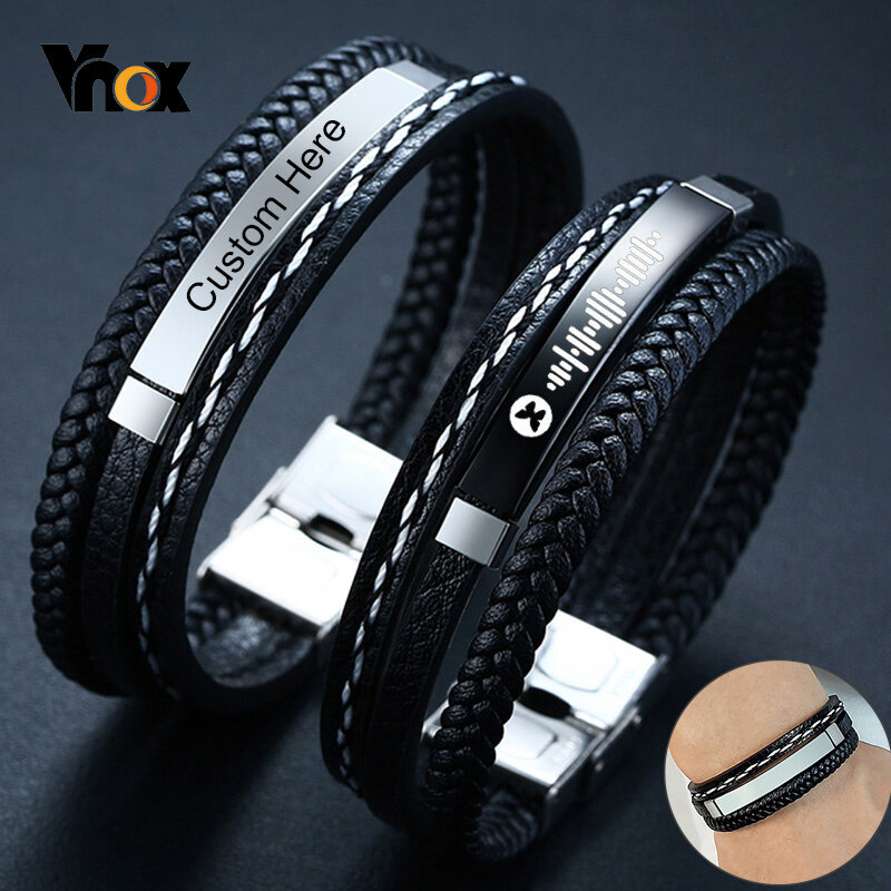 Vnox-Pulseras de cuero para hombres, brazalete brillante de acero inoxidable en capas, trenzado, personalizado con citas y nombre, regalo para papá y marido