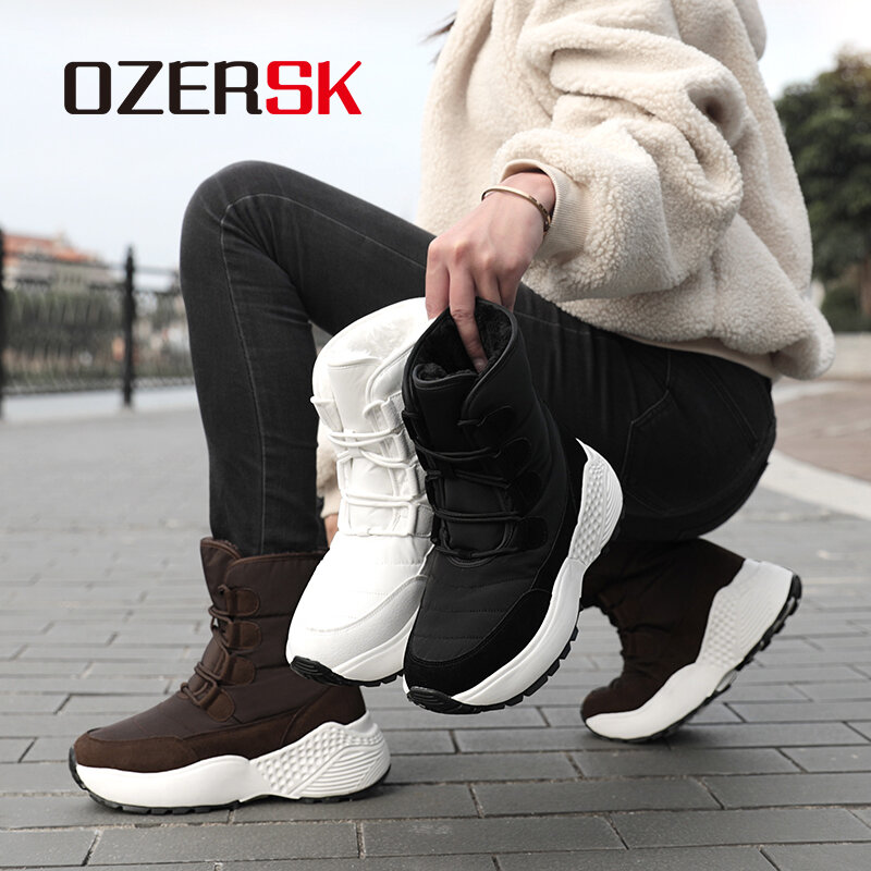 Водонепроницаемые зимние ботинки OZERSK на шнуровке, Нескользящие модные удобные повседневные плюшевые теплые ботинки ручной работы на меху для женщин
