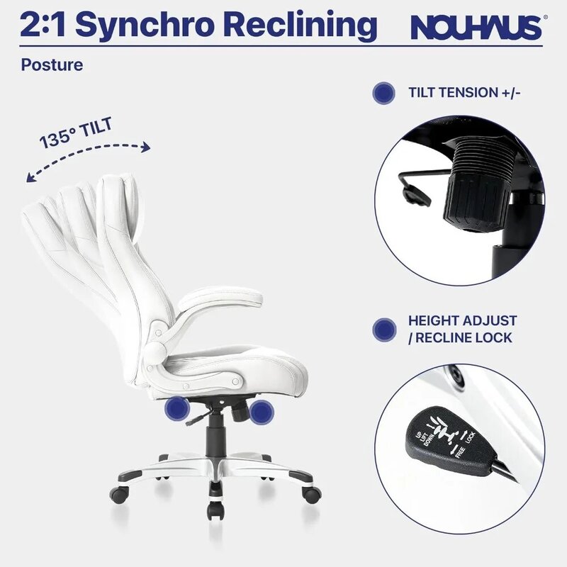 Ergonomic Leather Office Chair, 5-click Waist Support with Armrests, Modern Executive Chair and Computer Desk and Chair (white)