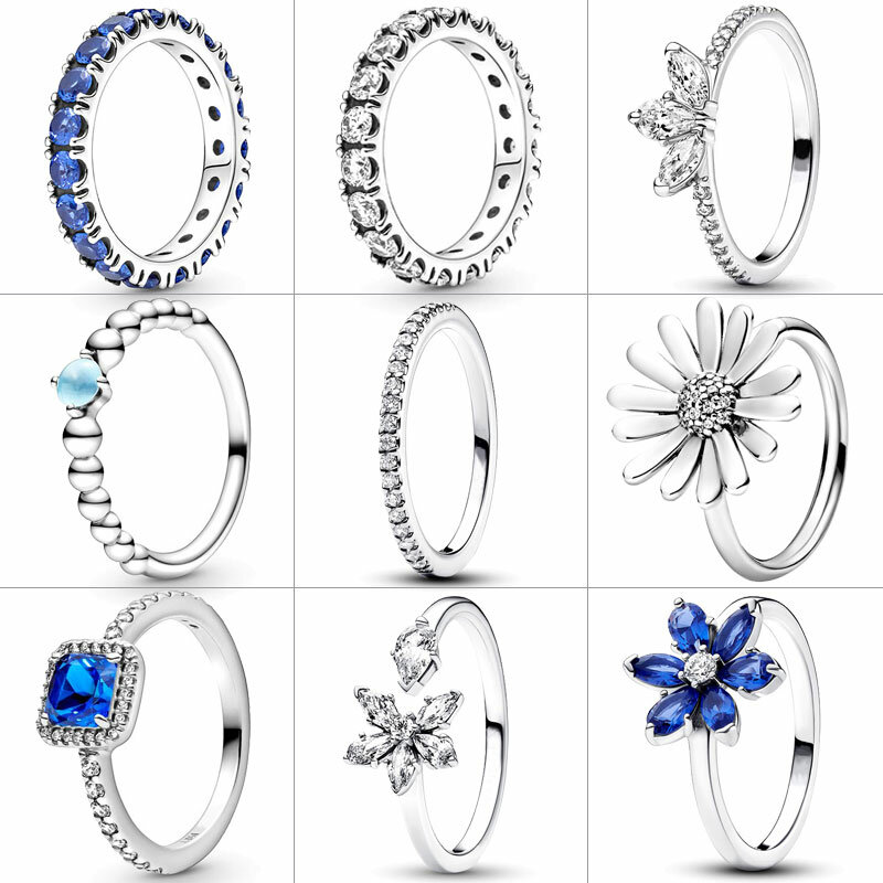 Anillo de plata 925 con forma de flor de circonita azul, anillo de racimo de herbario brillante, fila Eternity Pandor para mujer, anillo de dedo, joyería fina