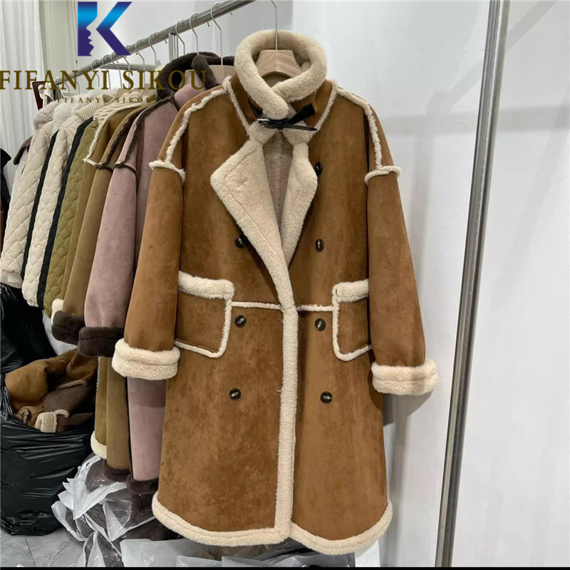 Zamszowa kurtka kobiet ciepła zimowa pogrubiona z owczej wełny, długi płaszcz dwurzędowy, kieszonkowy, moda, codzienna skórzana kurtka damska