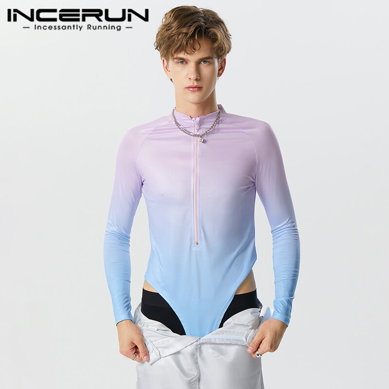 INCERUN 2023 Sexy Fashion Style Bodysuits Handsome Men's Front Middle Zipper Gradient Color Design Long Sleeve Jumpsuits S-5XL