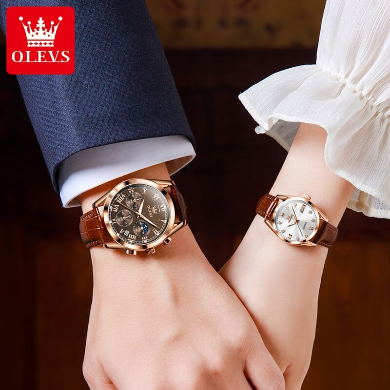 OLEVS Lover-reloj de cuarzo para parejas, accesorio de marca superior de lujo, resistente al agua, con correa de cuero, regalo para parejas, para hombre y mujer