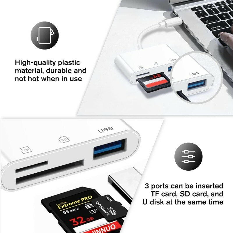 3 In 1 SD TF Card Reader For Apple iPhone 14 12 13 11 Pro Max XR XS USB C Camera Converter For iPad Android  Laptop OTG Adapter