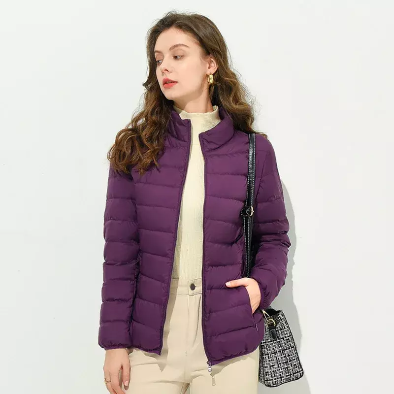 여성용 경량 다운 코트, 긴 소매 지퍼 포장 가능한 푸퍼 재킷, 초경량 짧은 다운 방풍 겉옷 재킷