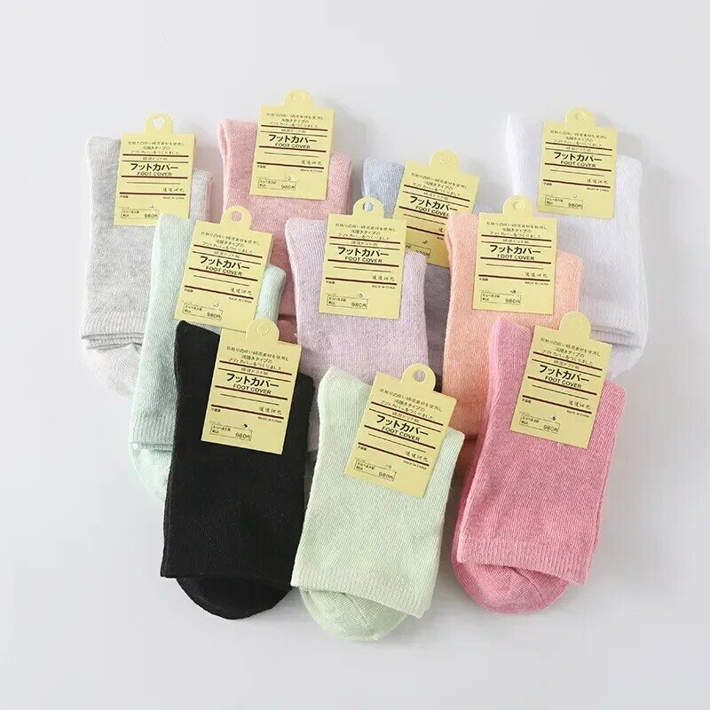 New Casual Japanese Sock Solid Breathable Cotton 5pairs Tube Harajuku Socks Gif Girls Mid Color Spring Summer Korean Women