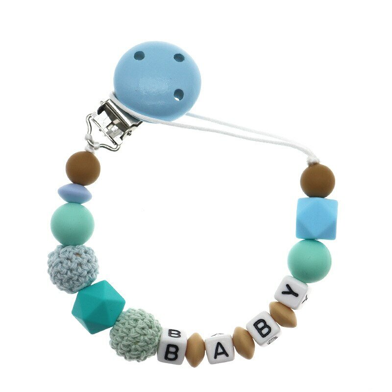 Klip Dot Personalisasi Nama Bayi Kustom Crochet Silikon Rantai Dot Buatan Tangan Makanan Kelas Silikon Aman Tumbuh Gigi Mainan