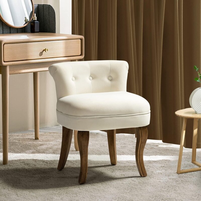 HULALA HOME Velvet Vanity Stool with Low Back, Modern Vanity Chair with Solid Wood Legs, Small Upholstered Makeup Chair Home