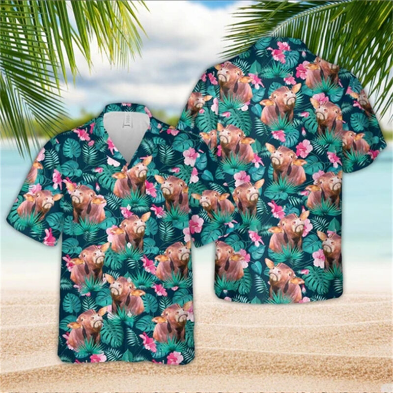 Мужская пляжная рубашка с забавными животными, корова, 3D принт, короткий рукав, лацкан медведя, блузка, гавайский Топ на пуговицах для мальчиков, мужская одежда