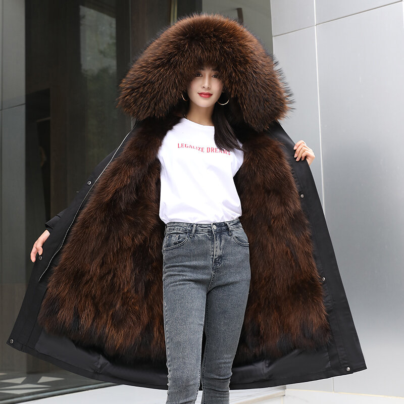 Jaket musim dingin wanita, mantel bulu rakun panjang besar tudung tahan air parka dapat dilepas