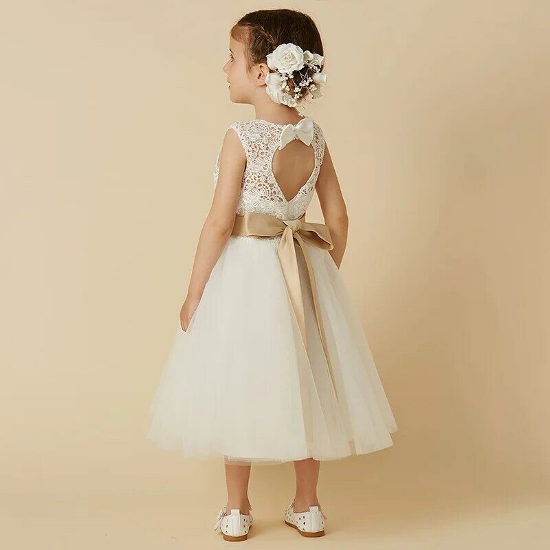 Children's Wedding Dress Girls' Sleeveless Lace Performance Birthday Puffy Princess Mid length Dress