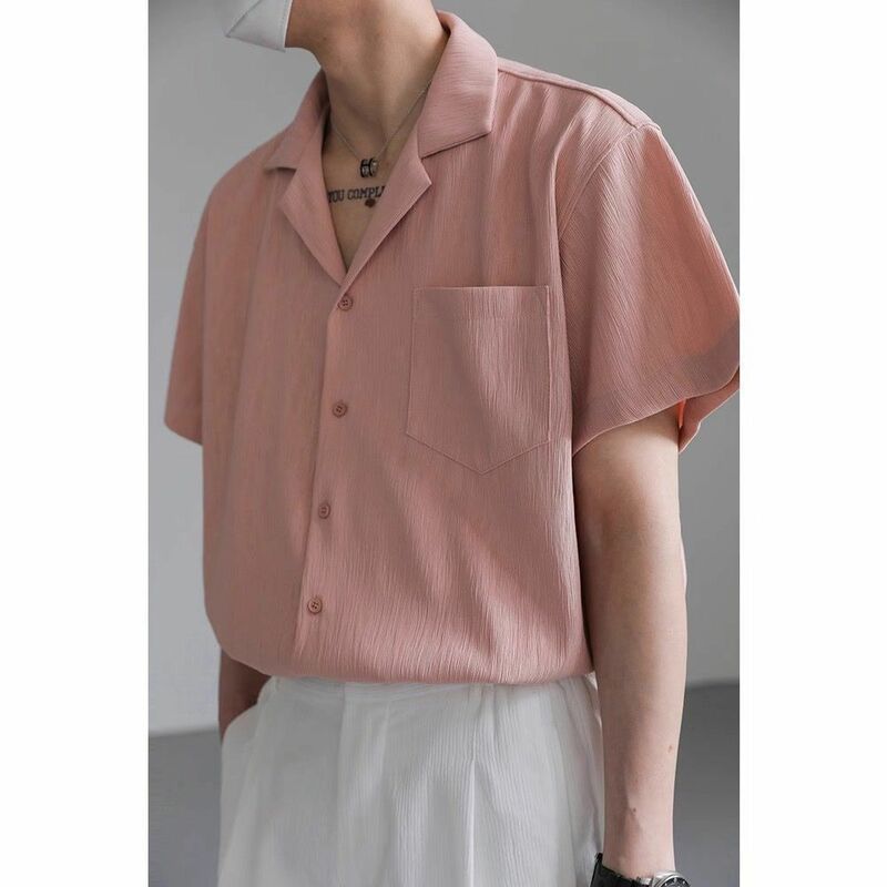Camisa de cuello cubano de alta gama para hombre, camisa drapeada de manga corta, ropa de verano, Top coreano, botones sueltos, camisa sin hierro