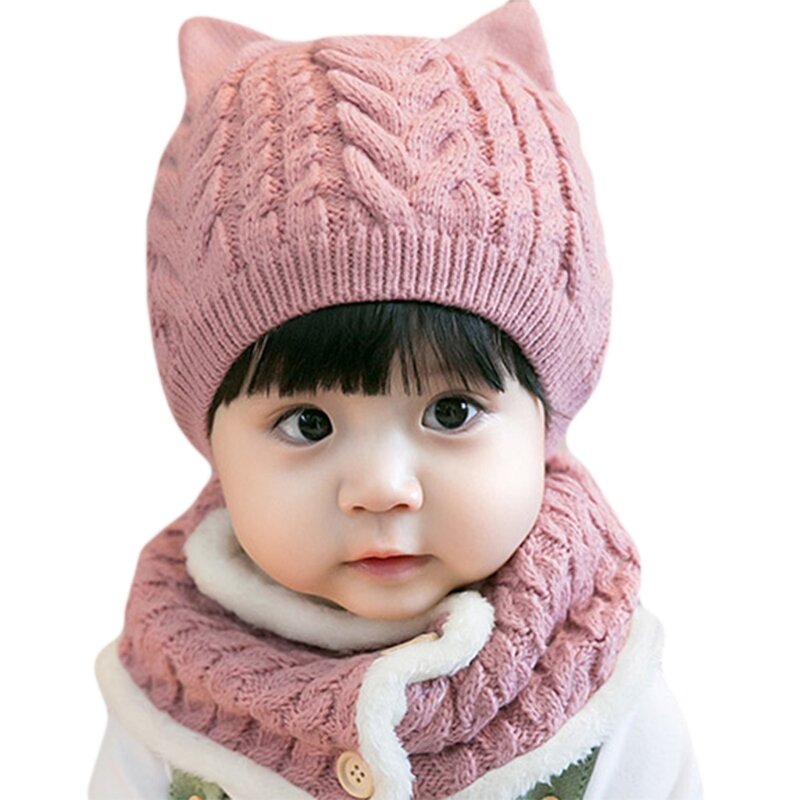 유아 아기 겨울 2Pcs 비니 모자 단추 서클 스카프 세트 고양이 귀에 대 한 만화 니트 해골 모자 봉 제 줄 지어 목 전쟁