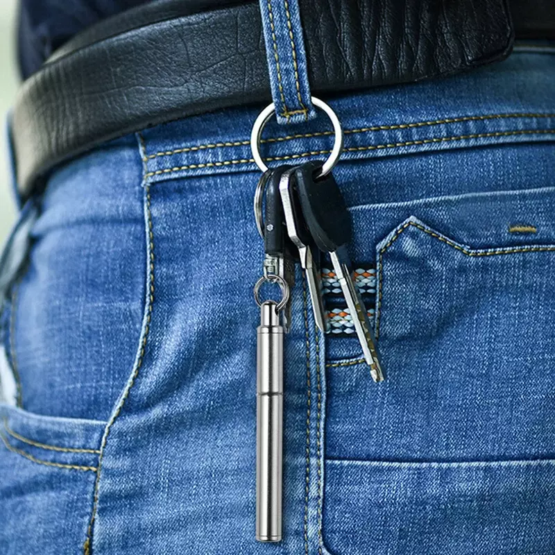 Porte-clés stylo à bille multifonctionnel, mini porte-clés en métal, stylo télescopique en acier inoxydable, porte-clés, outil de stylo télescopique