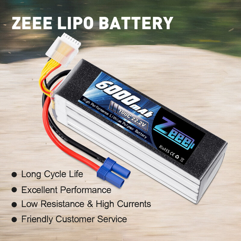 Zeee-Batterie Lipo 6S, 6000mAh, 22.2V 100C, avec prise EC5, pour voiture RC, avion, hélicoptère