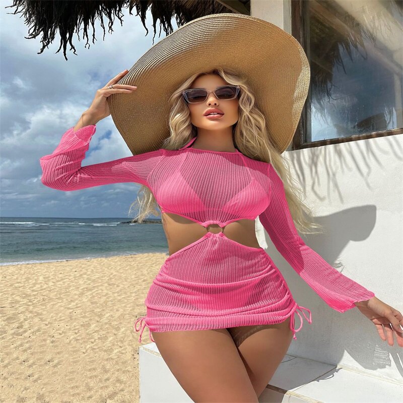 Женский розовый купальник-бикини из 3 предметов, топ + нижнее белье + комплект с длинными рукавами, летняя Праздничная пляжная юбка, популярная уличная одежда для девушек