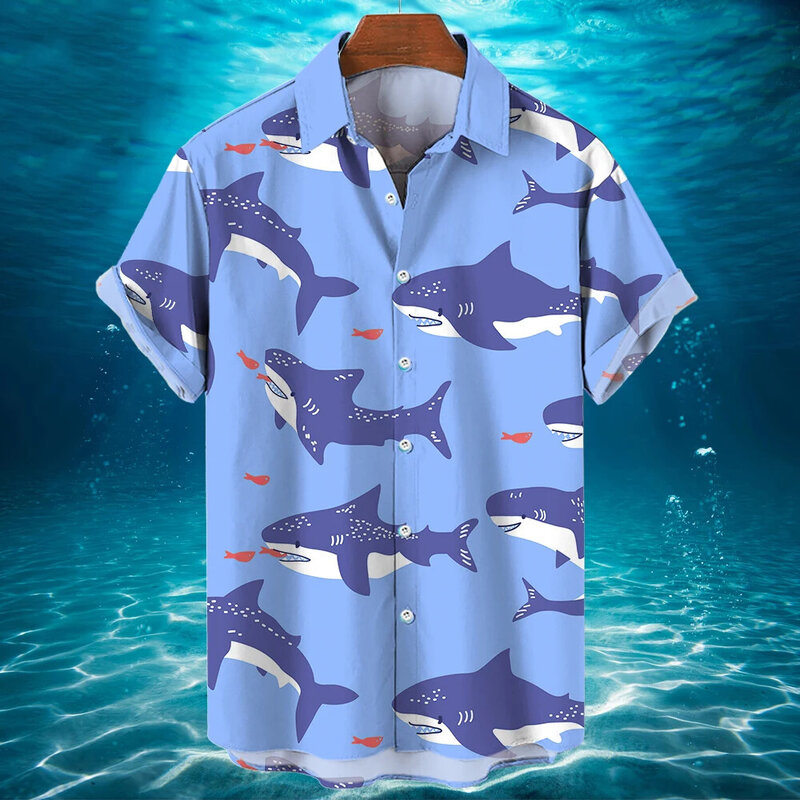 Рубашка мужская с забавным 3d принтом акулы, повседневная одежда, топ с коротким рукавом, свободная футболка, большие размеры, лето