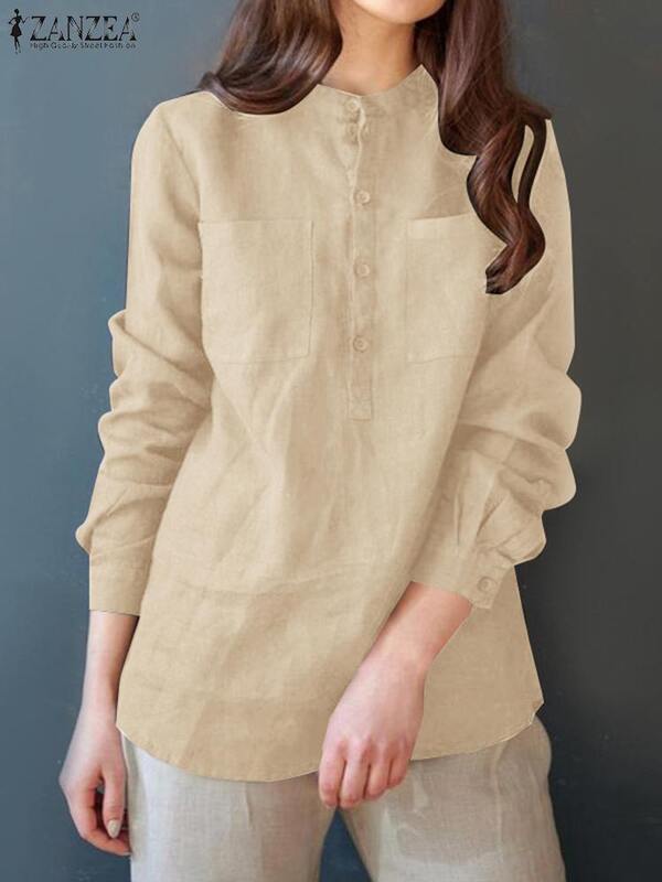 ZANZEA-Blusa feminina com gola comprida, tops de túnica sólida, elegante camisa extragrande, moda casual de rua, outono