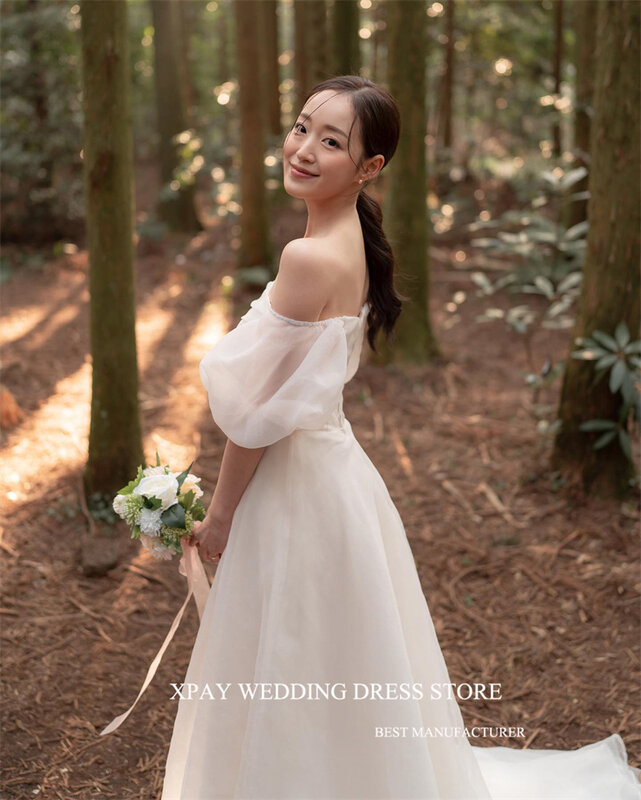 XPAY 심플 A 라인 실크 오간자 한국 웨딩 드레스, 사진 촬영용 오프 숄더 슬리브, 신부 가운, 등 코르셋
