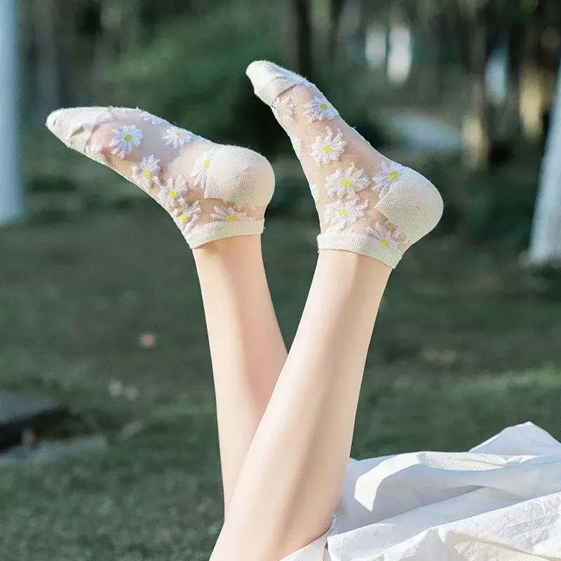 Стеклянные чулки, женские летние носки, свежие носки-небольшие маргаритки, прозрачные носки, оптовая продажа, Харадзюку