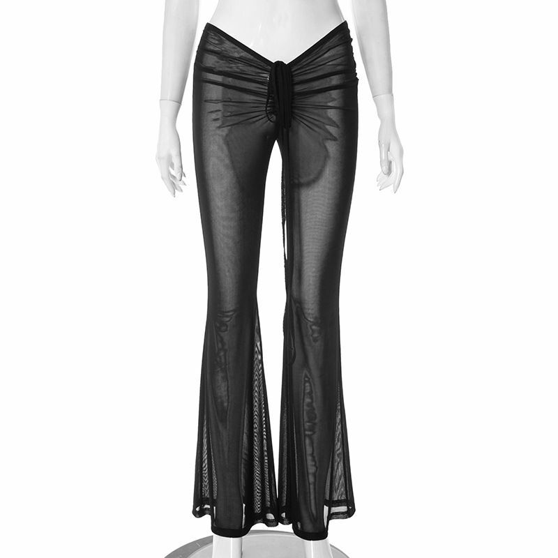 Sexy Women Pants Streetwear V-shaped Low Waist Flared Pant Y2k Clothes Harajuku Drawstring Pleated Mesh See-through Slim Trouser