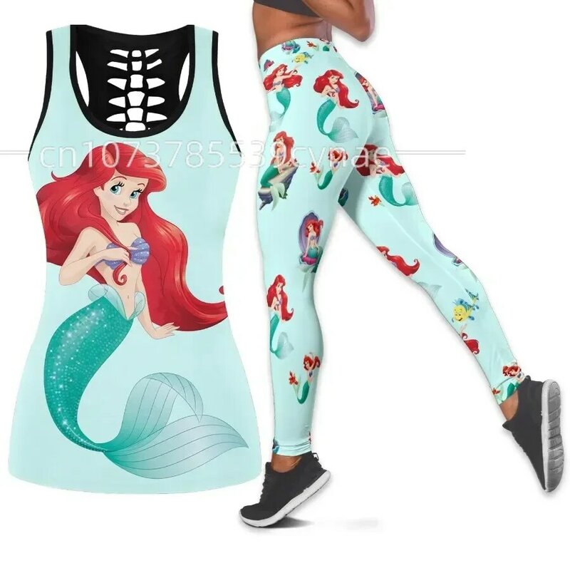 2024 Disney Princess Women's Hollow Vest + Women's Leggings Yoga Suit Fitness Leggings Sports Suit Tank Top Legging Set Outfit