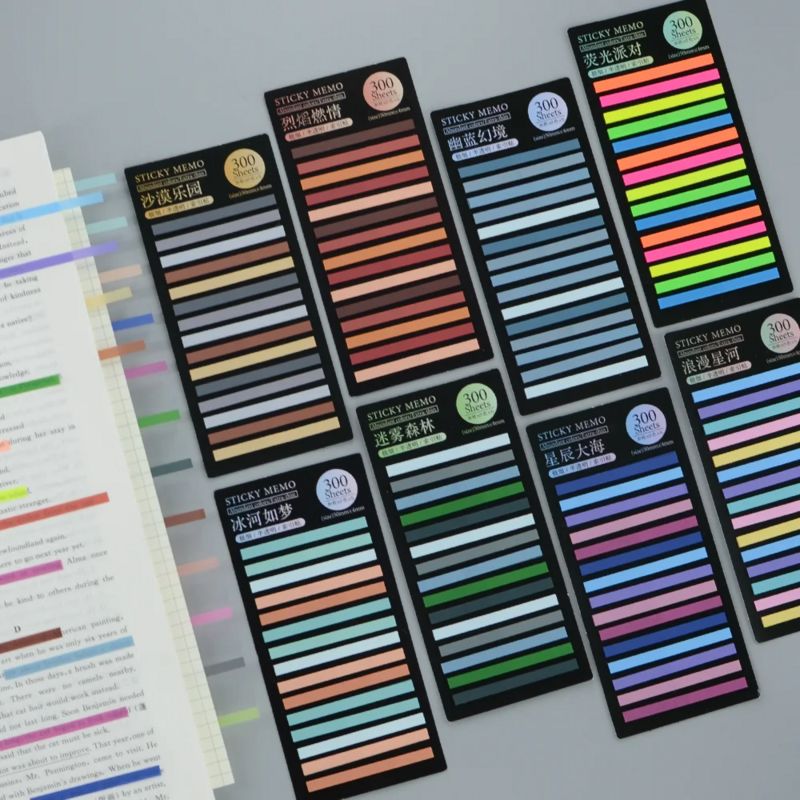 Etiquetas transparentes coloridas com anotações auto-adesivas, lendo marcadores, etiquetas, cadernos, artigos de papelaria bonita, 300 pcs