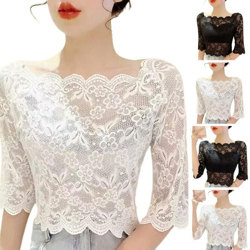 Women Cropped Tops Summer One-word Collar Half Sleeve Blouse See-through Embroidery Lace Pullover Tops Women's Clothing