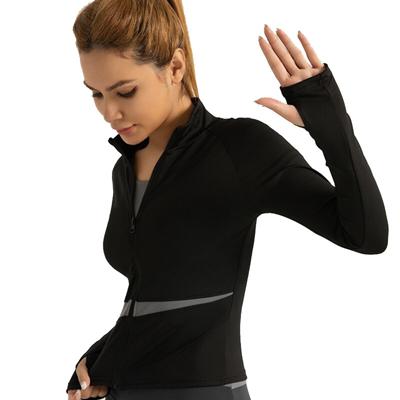 Aiithuug wanita kerah berdiri Sweatwear Yoga memblokir warna mantel ritsleting penuh thumbhole pelangsing jaket Fitness sejuk