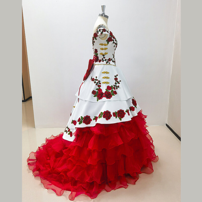 Mewah putih merah gaun malam tanpa lengan renda Up applique Tiered kembali busur gaun pesta Prom acara khusus gaun panjang 2024