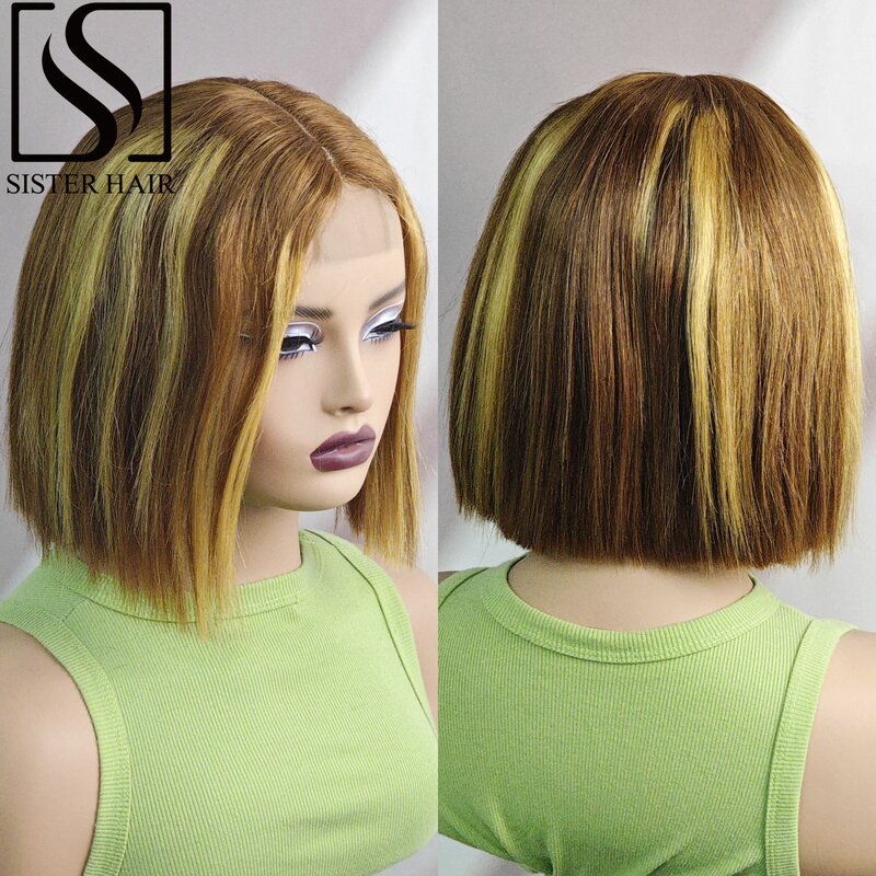 180% Density P4-27 Color Straight Bob Wig Human Hair Wigs 2x6 Lace Short Straight Colored Bob Wig PrePlucked Brazilian Hair Wigs