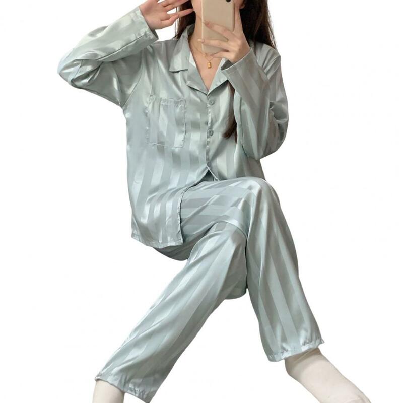 Conjunto de pijama de manga larga para mujer, ropa de dormir con botones, pierna ancha recta, Top liso de seda, pantalones de verano, 2 uds./Set