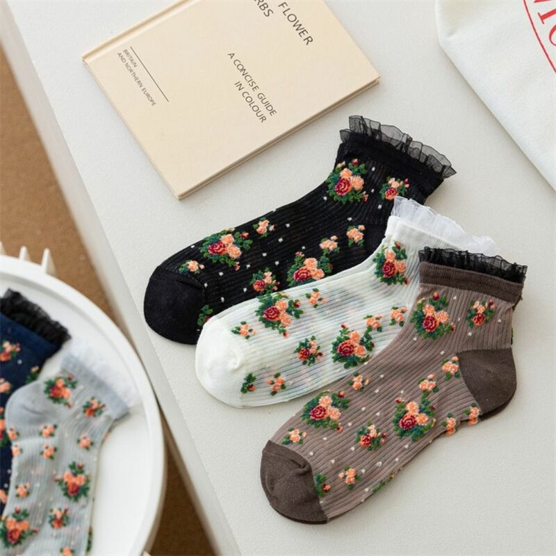Floral Element Crystal Silk Socks Ultra-thin Anti-Friction Foot Floral Embroidery Socks Mid-tube Breathable
