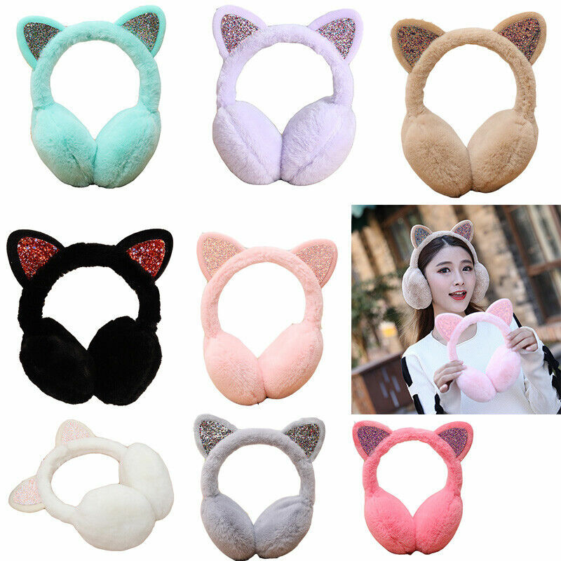 1 pc Women Girls Winter Warm Earmuffs Cat Ears Cat Ear Ear Warmers Outdoor Earmuff Sequin Earmuffs Fluffy Earflap Headband 2023