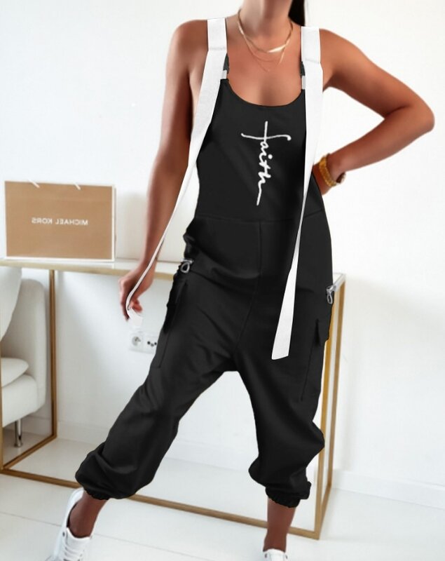 Women Fashion and Elegant Jumpsuit Pocket Design High Waisted 2024 Summer Casual U-Neck Sleeveless Faith Print Zipper Jumpsuits
