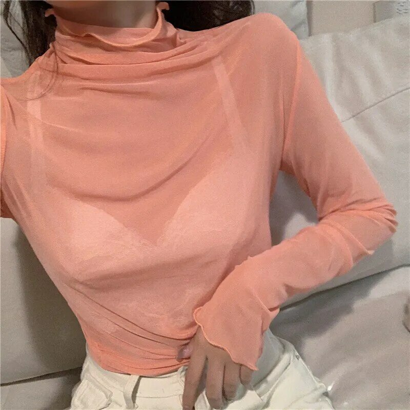 2023 New Girls Mesh T Shirts Tees Female Spring Summer Transparent Full Sleeve Turtleneck Thin Shirt Tops Undershirts Women Gift