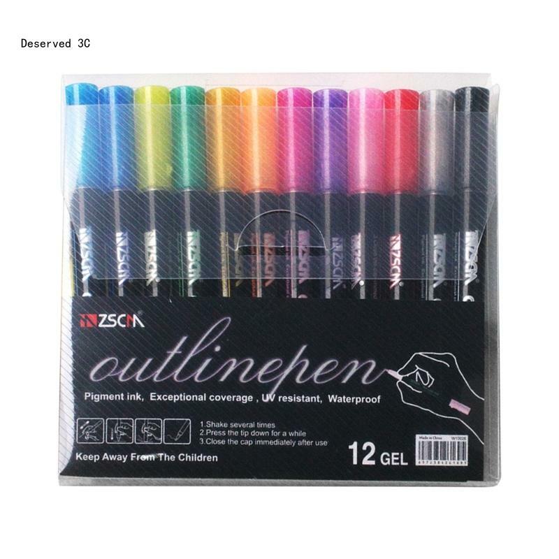 Conjunto canetas brilhantes 12 peças para crianças, cores cintilantes, canetas contorno linha dupla para artes e