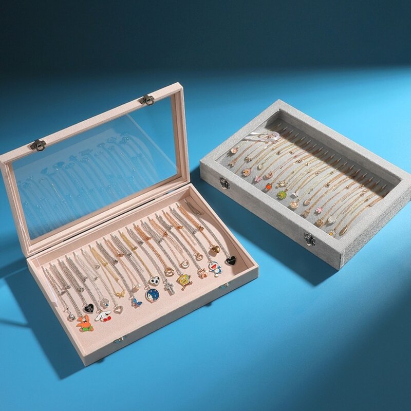 Kotak penyimpanan perhiasan, Kalung beludru bentuk persegi warna Solid kotak tampilan perhiasan kapasitas tinggi