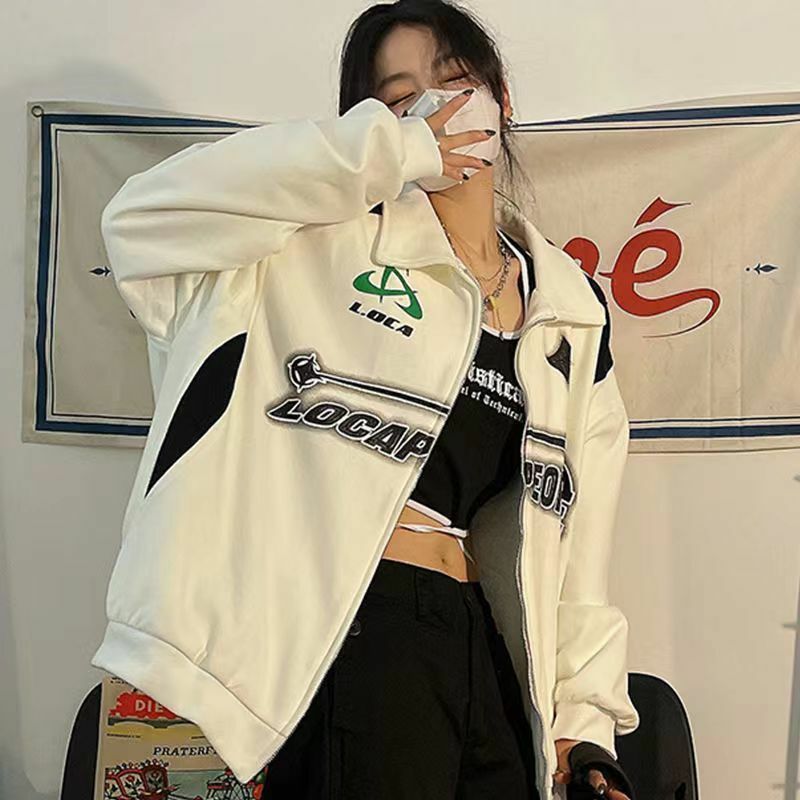 Deeptown Kaus Wanita Besar Antik Grunge Y2k Baju Jalan Korea Hijau Hitam Zip Up Hoodies Perempuan Atasan Mode Hip Hop